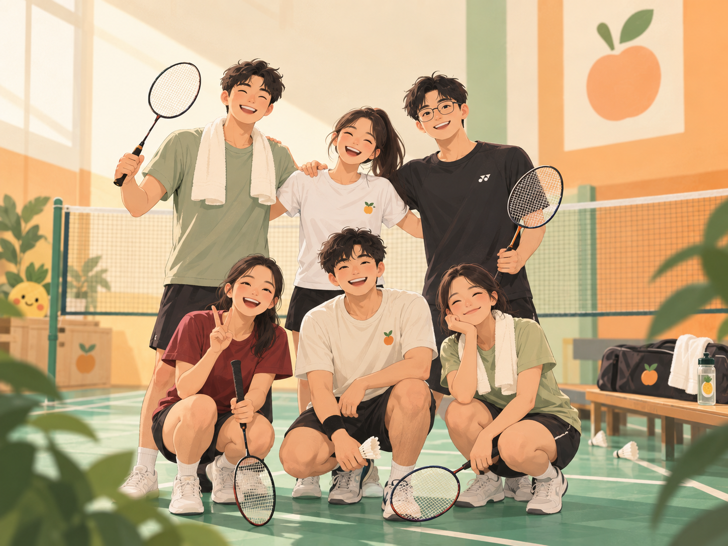 Illustration of Fruit Station players together on a badminton court