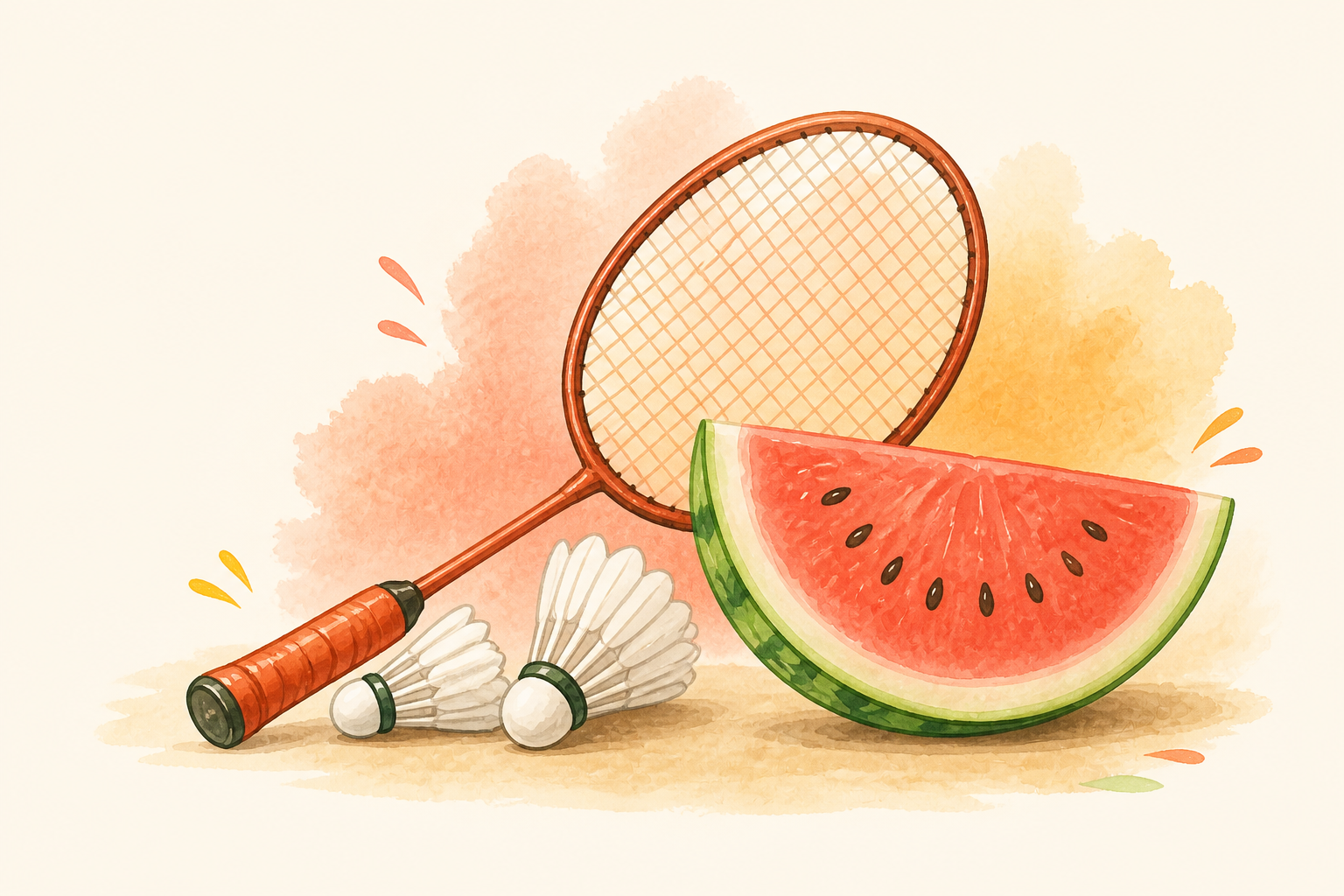 Watercolour badminton racket, shuttlecocks, and watermelon