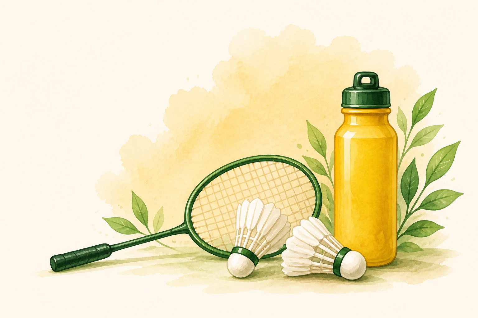 Watercolour badminton racket, shuttlecocks, and yellow bottle