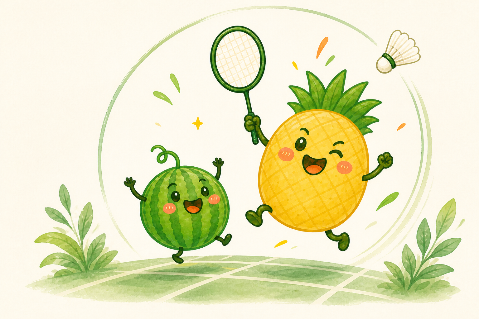 A pineapple and watermelon mascot playing badminton together